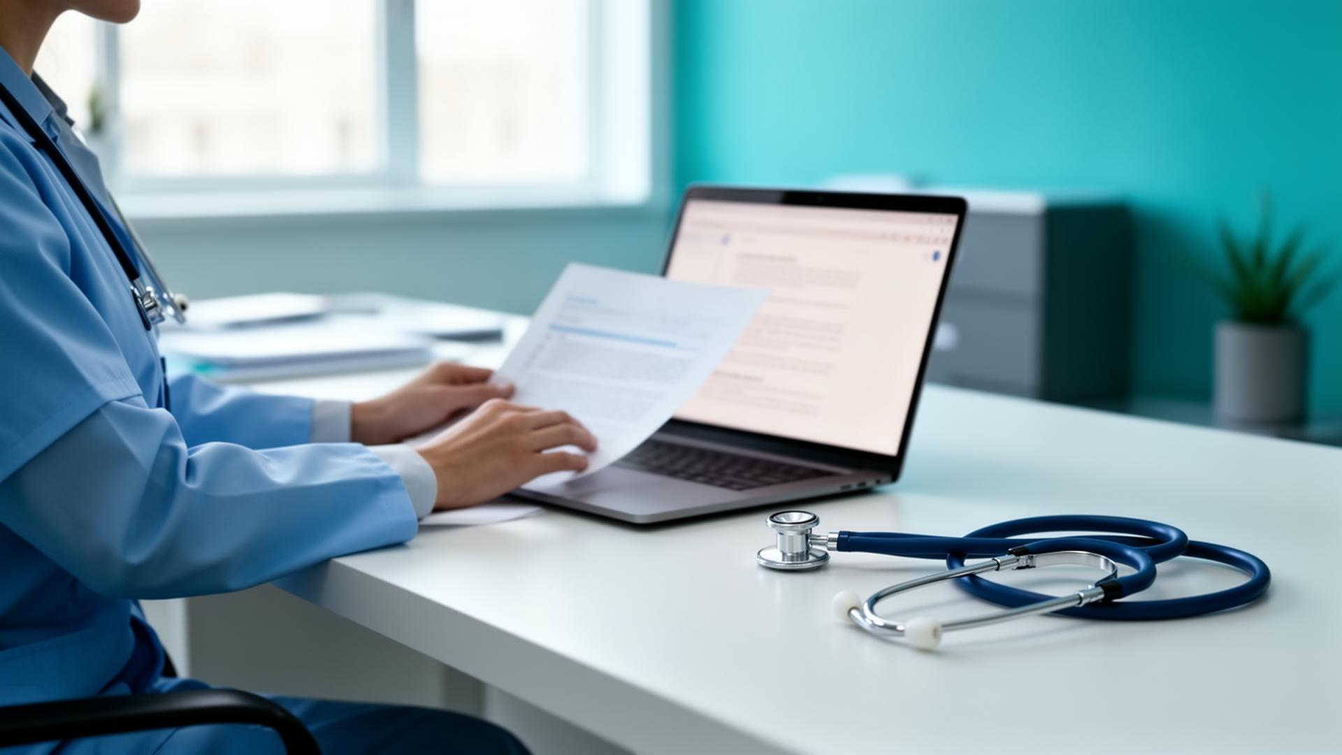 Healthcare professional processing prior authorization on a laptop